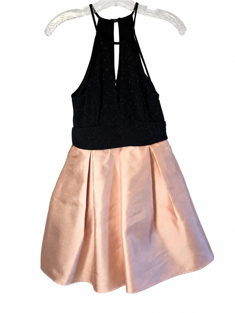 Teeze Me Black Halter Bodice w/ Blush Pink Satin Skirt Pockets Homecoming dress